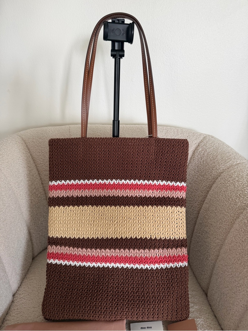 Miu Miu Crochet Knit Shopping Tote Bag Brown Pink Striped Large Raffia-effect - Picture 12 of 14